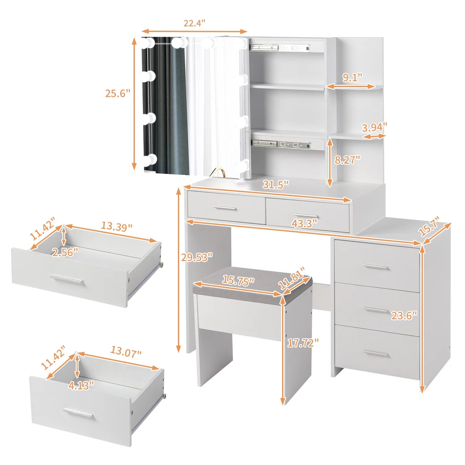 Ktaxon Lighted Makeup Vanity Table Set, Dressing Table with Sliding Mirror, Vanity Desk , White