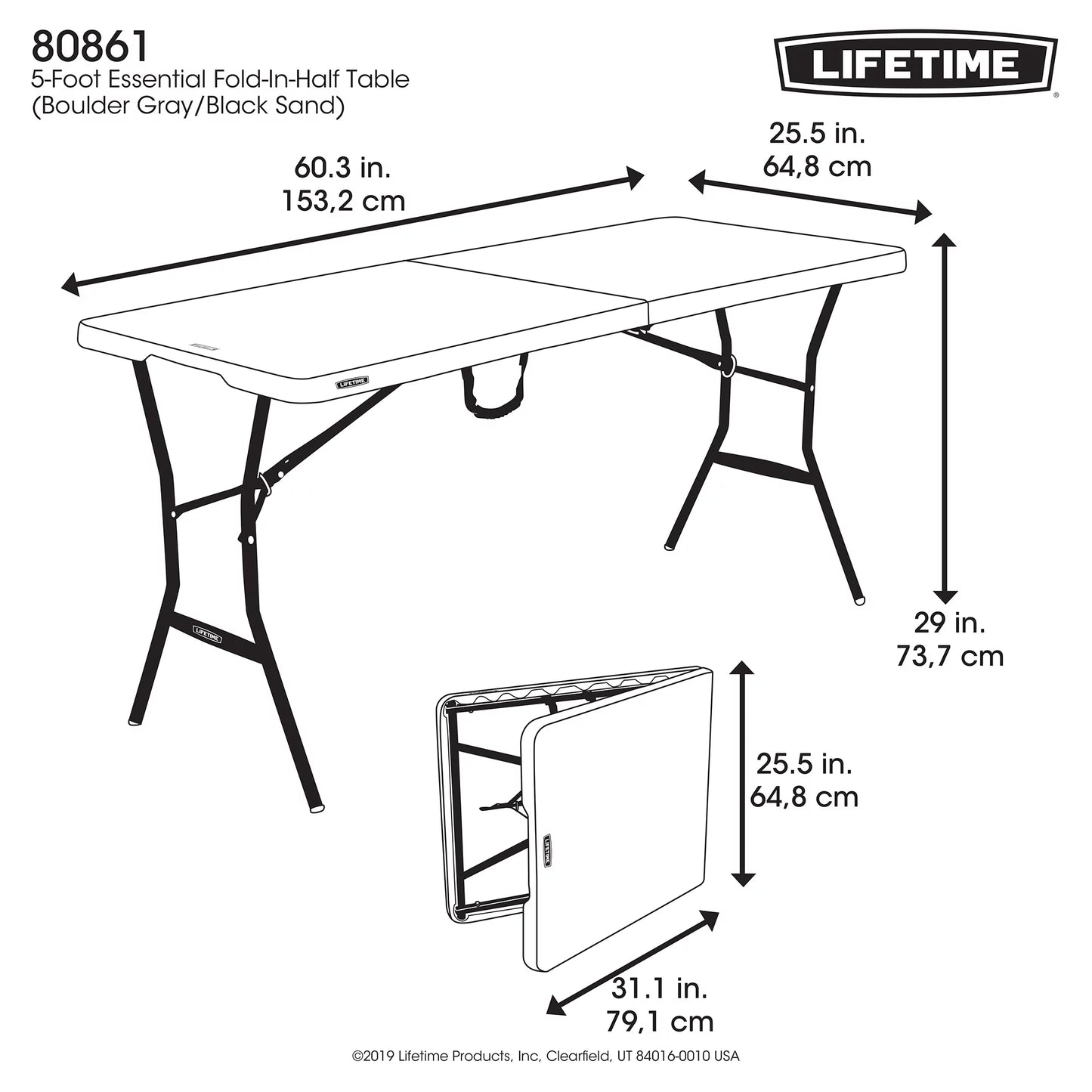 Lifetime 5 Foot Rectangle Fold-in-Half Table, Indoor/Outdoor Essential, Gray, 60.3" x 25.5" (80861)