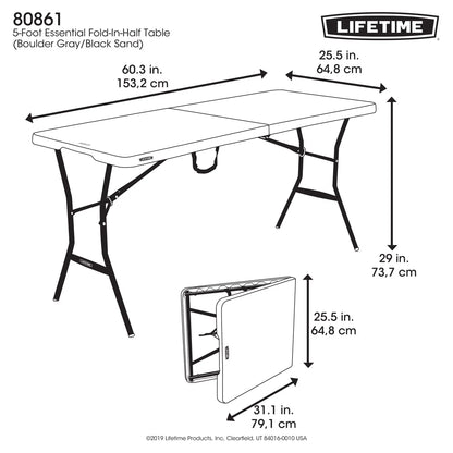 Lifetime 5 Foot Rectangle Fold-in-Half Table, Indoor/Outdoor Essential, Gray, 60.3" x 25.5" (80861)