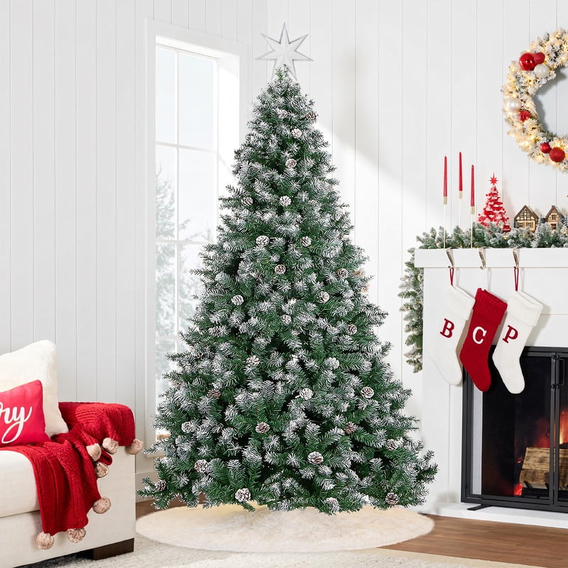 Yexmas 6ft Pre-Lit Realistic Artificial Christmas Trees,Green Christmas Trees with 1200 Flocked Frosted Tips & 80 Pine Cones,LED Lights Christmas Trees with 48 Inch Christmas Tree Skirt White