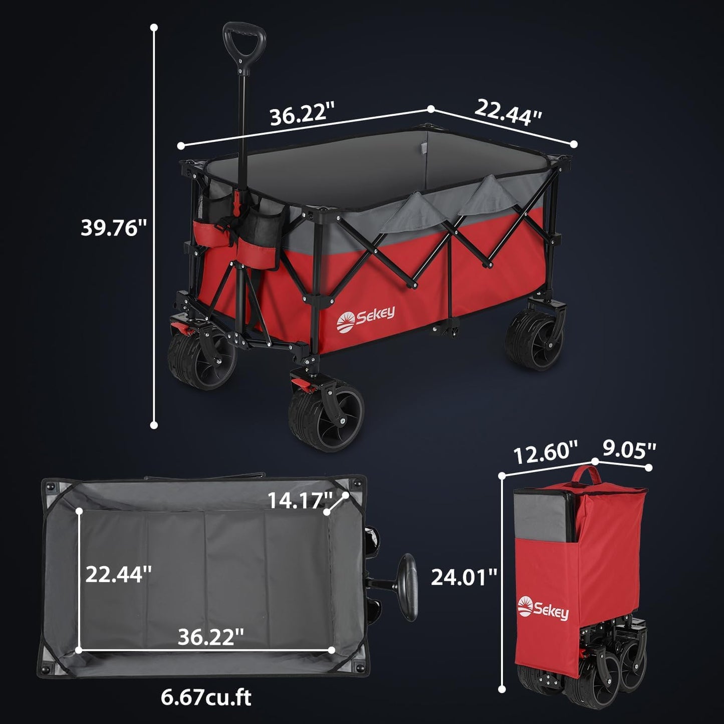 Sekey 220L Collapsible Foldable Wagon with 330lbs Weight Capacity, Heavy Duty Folding Utility Garden Cart with Big All-Terrain Beach Wheels & Drink Holders.Red&Grey