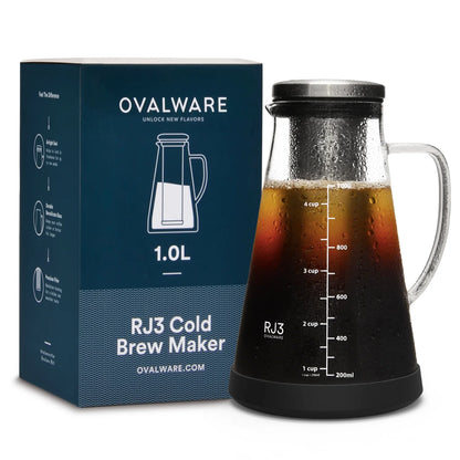 Ovalware Cold Brew Coffee/Tea Maker 1.0L RJ3 Borosilicate Glass Carafe Stainless-Steel Filter