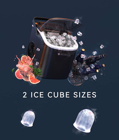 ecozy Portable Countertop Ice Maker - 9 Ice Cubes in 6 Minutes, 26 lbs Daily Output, Self-Cleaning with Ice Bags, Scoop, and Basket for Kitchen, Office, Bar, Party - Black