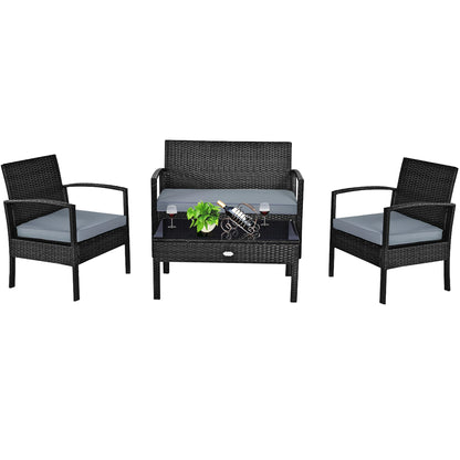 Costway 4PCS Outdoor Patio Rattan Furniture Set Cushioned Sofa Coffee Table Garden Deck