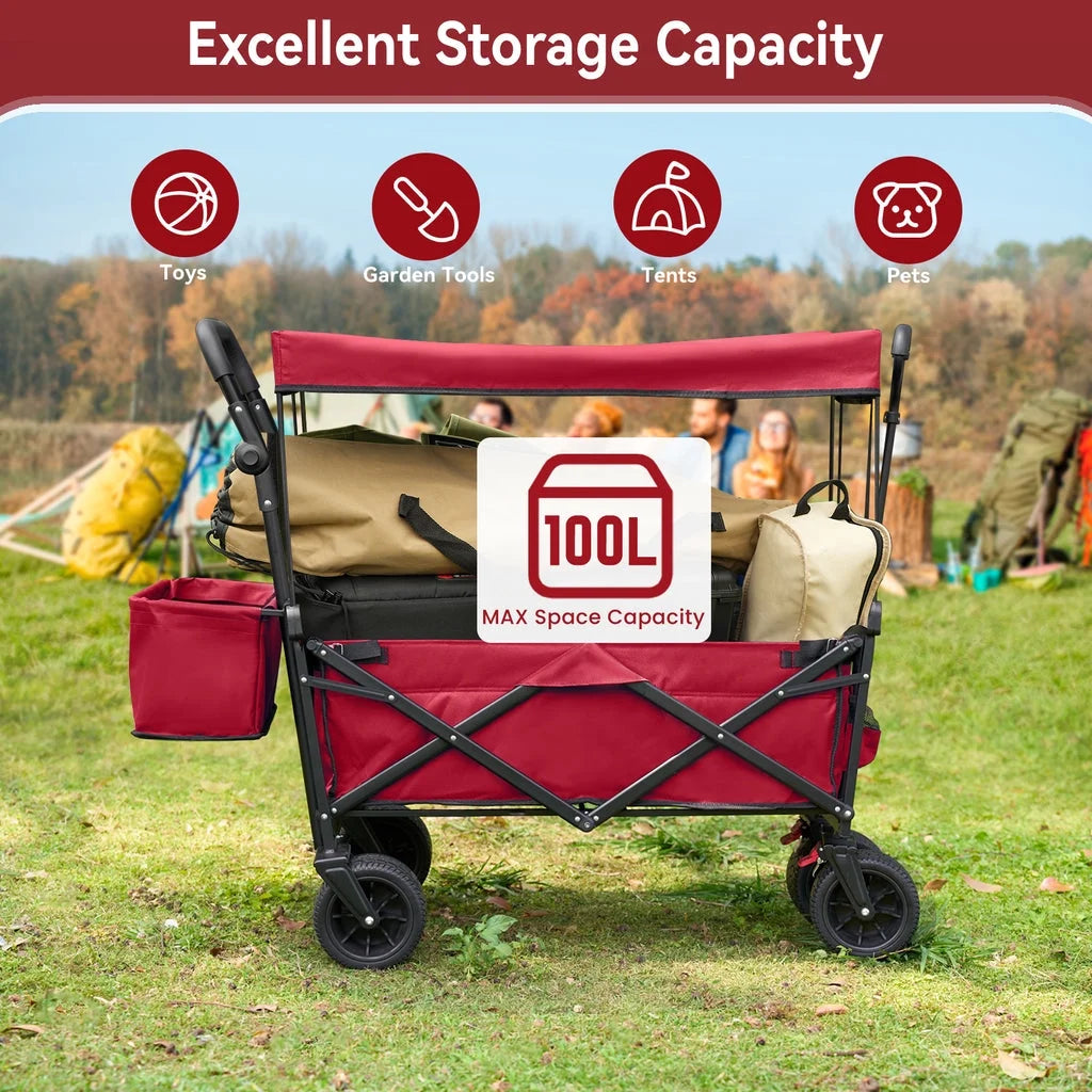 Collapsible Garden Wagon Cart with Removable Canopy, VECUKTY Foldable Wagon Utility Carts with Wheels and Rear Storage, Wagon Cart for Garden Camping Grocery Shopping Cart, Red