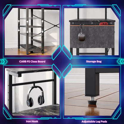 Bestier Computer Gaming PC Desk 44 inch Gamer Table with LED Lights, Reversible 4 Tier Storage Shelves Carbon Fiber