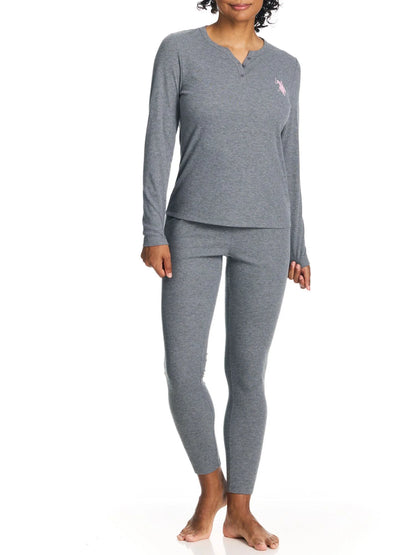 U.S. Polo Assn. Women's Ribbed Henley Long Underwear Thermal Set, 2-Piece Set, Sizes S-3X