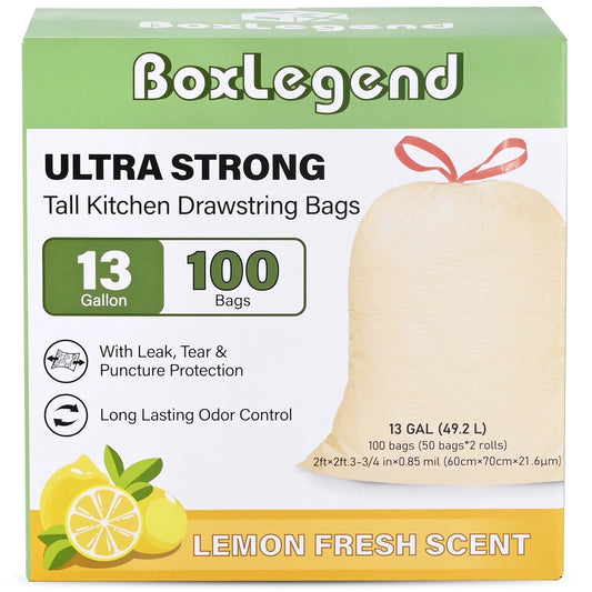 BoxLegend Trash Bags, Ultra Strong 13 Gallon Drawstring Tall Kitchen Garbage Bags, Lemon Scent, 100 Pcs, Light Yellow