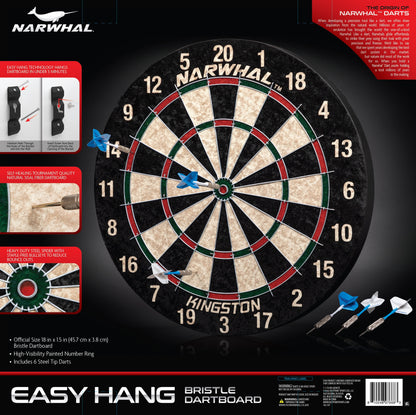 Narwhal Kingston Official Size Bristle Dartboard with 6 Steel Tip Darts