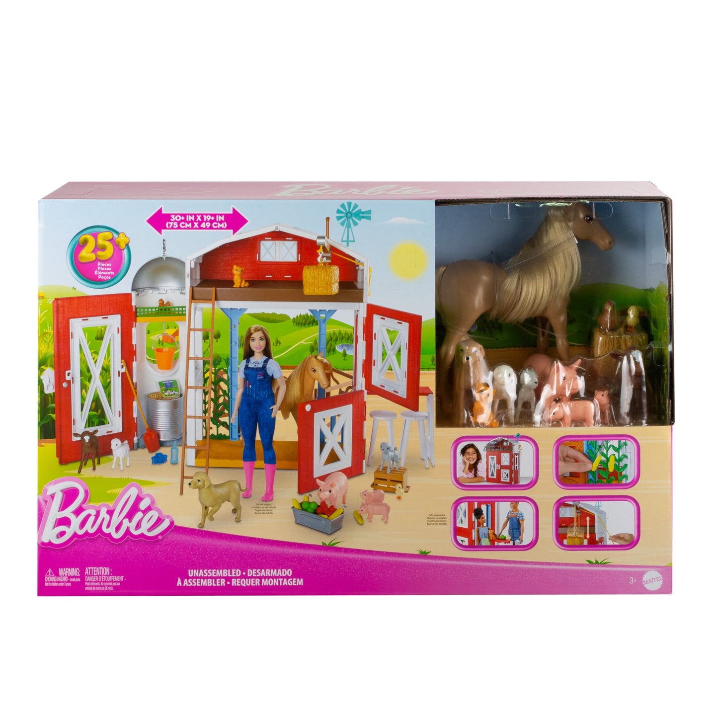 Barbie Horse Barn Playset with 25+ Feeding & Grooming Accessories Including 11 Animal Figures