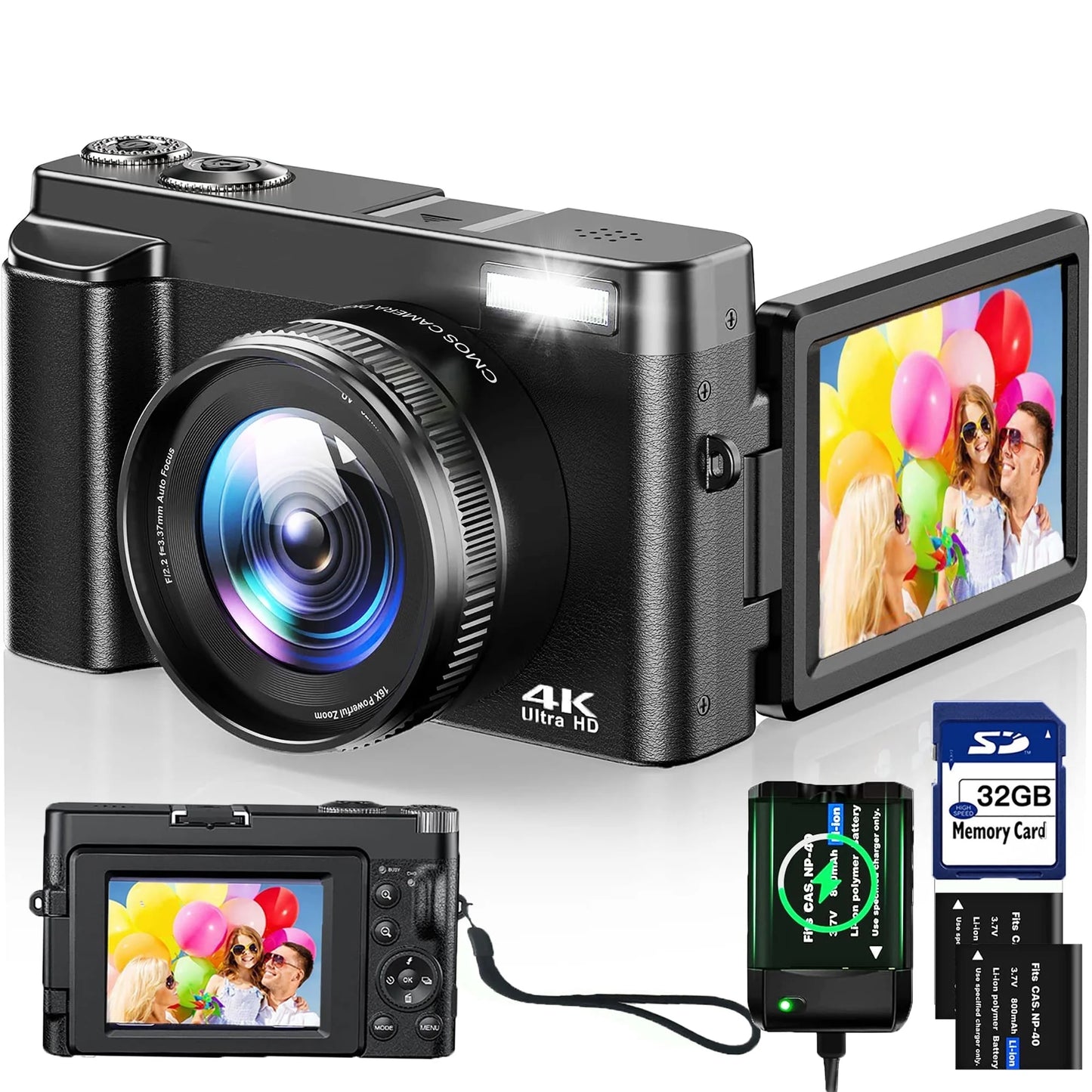 Vlogging Camera 4K Digital Camera for Youtube Autofocus with 32GB SD Card,180°Flip Screen 16X Digital Zoom 48MP Video Cameras Camcorder for Photography