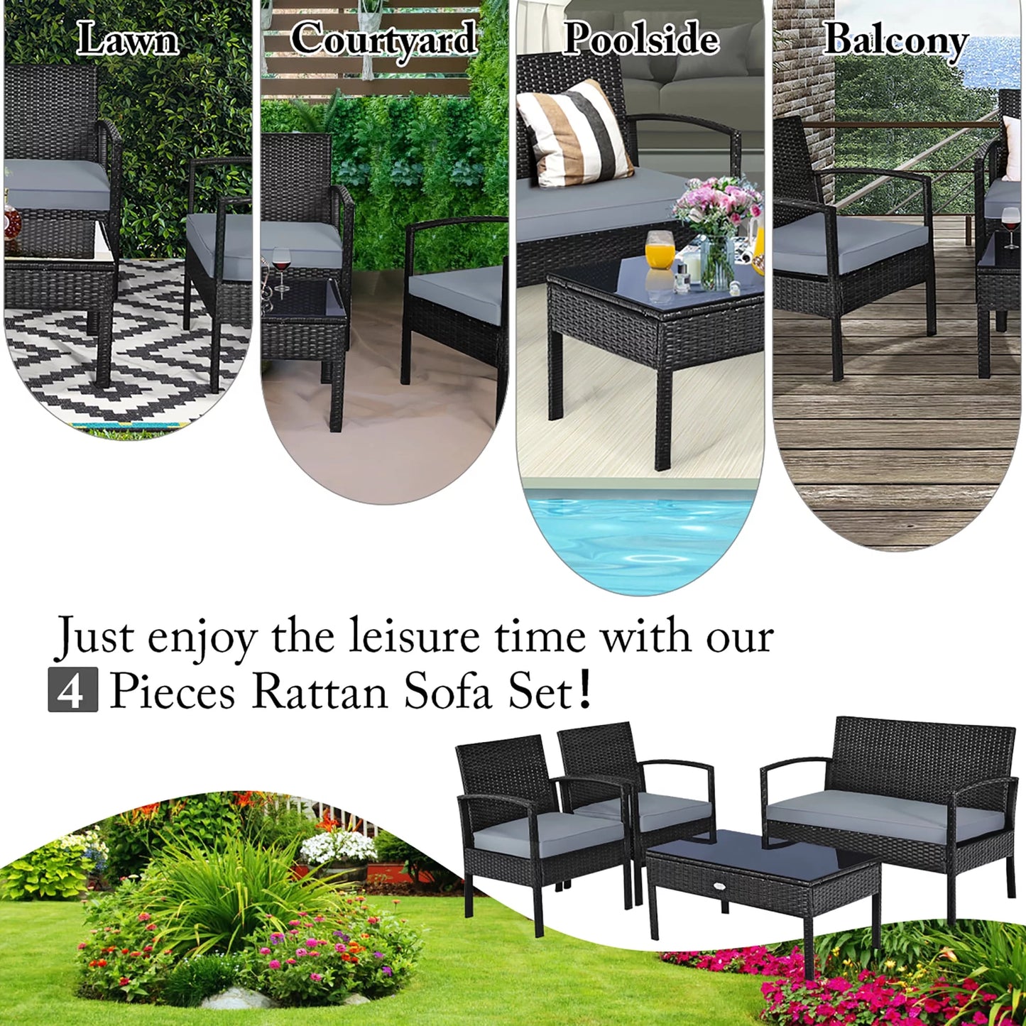 Costway 4PCS Outdoor Patio Rattan Furniture Set Cushioned Sofa Coffee Table Garden Deck