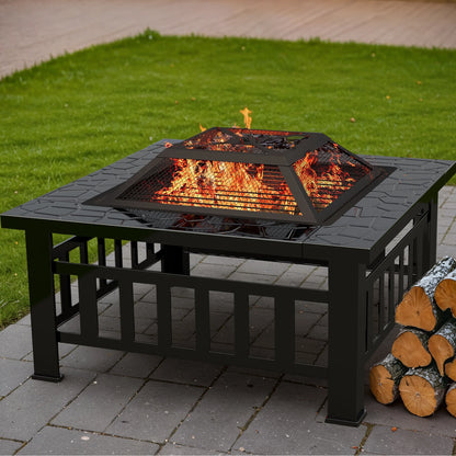 Lacoo 32" Patio Square Fire Pit Table for Patio Backyard BBQ, Ice Storage with Mesh Lid, Poker and Cover, Black