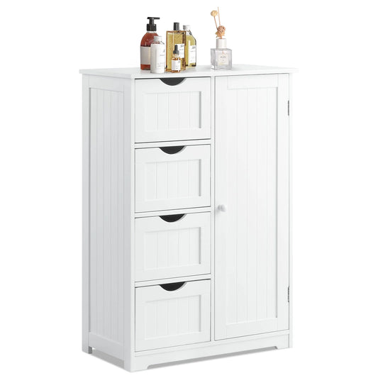 Costway Bathroom Storage Wooden 4 Drawer Cabinet Cupboard 2 Shelves Free Standing White