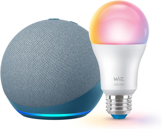 Echo Dot with WiZ 60W A19 LED Smart Color Bulb - Connects to Your Wi-Fi - E26 Base - Control with Voice or App - Matter Compatible