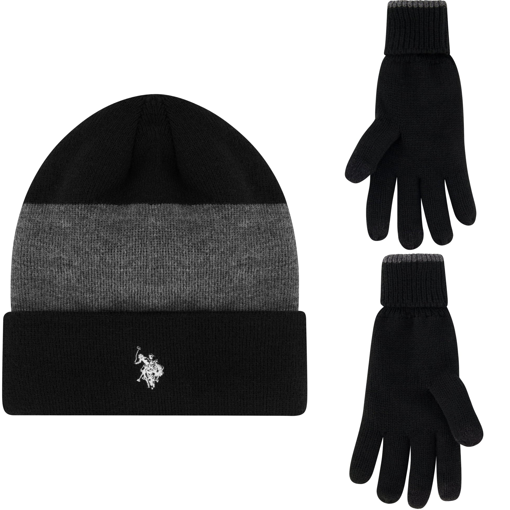 U.S. Polo Assn. Men's Knit Cuffed Wide Stripe Beanie and Glove Set