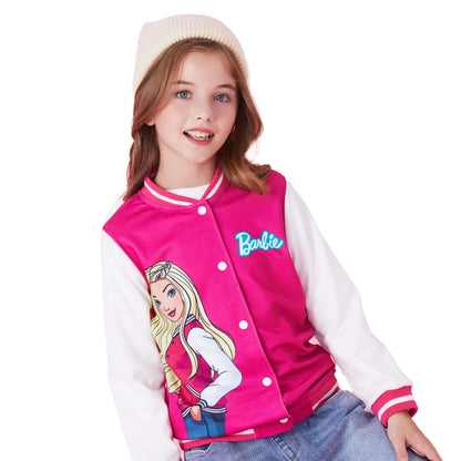 Barbie Girls Bomber Jacket Graphic and Letter Print Colorblock Lightweight Sweatshirt Varsity Jacket Gift Sizes 3-10