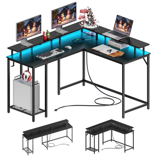 SUPERJARE L Shaped Desk with Outlets & USB Ports, Gaming Desk with LED Light Strip, Corner Computer Desk, L Office Desk, Monitor Stand, Hooks, and Storage Shelves, Black