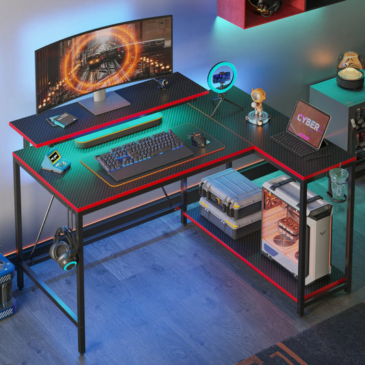 Pinmoco 42" Reversible L-Shaped Gaming Desk with Monitor Stand, LED Lights& Headset Hooks, Home Office, Carbon Fiber Black