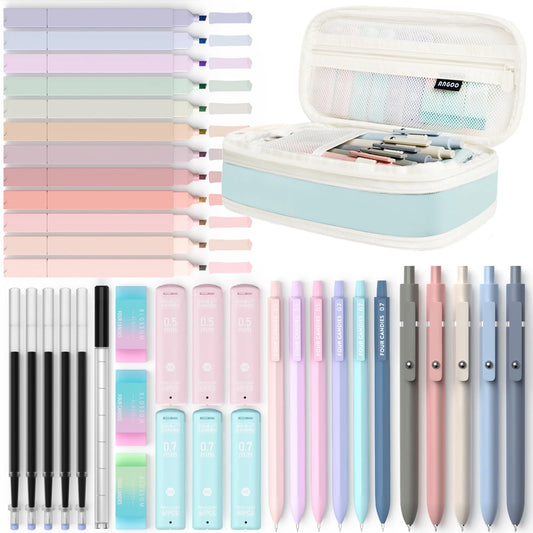 Four Candies 39 PCS Aesthetic Supplies, 12 Pastel Highlighters, 5 Black Ink Gel Pens, 6 Mechanical Pencils Set 0.5 & 0.7mm for Stationary College Essentials (Blue)