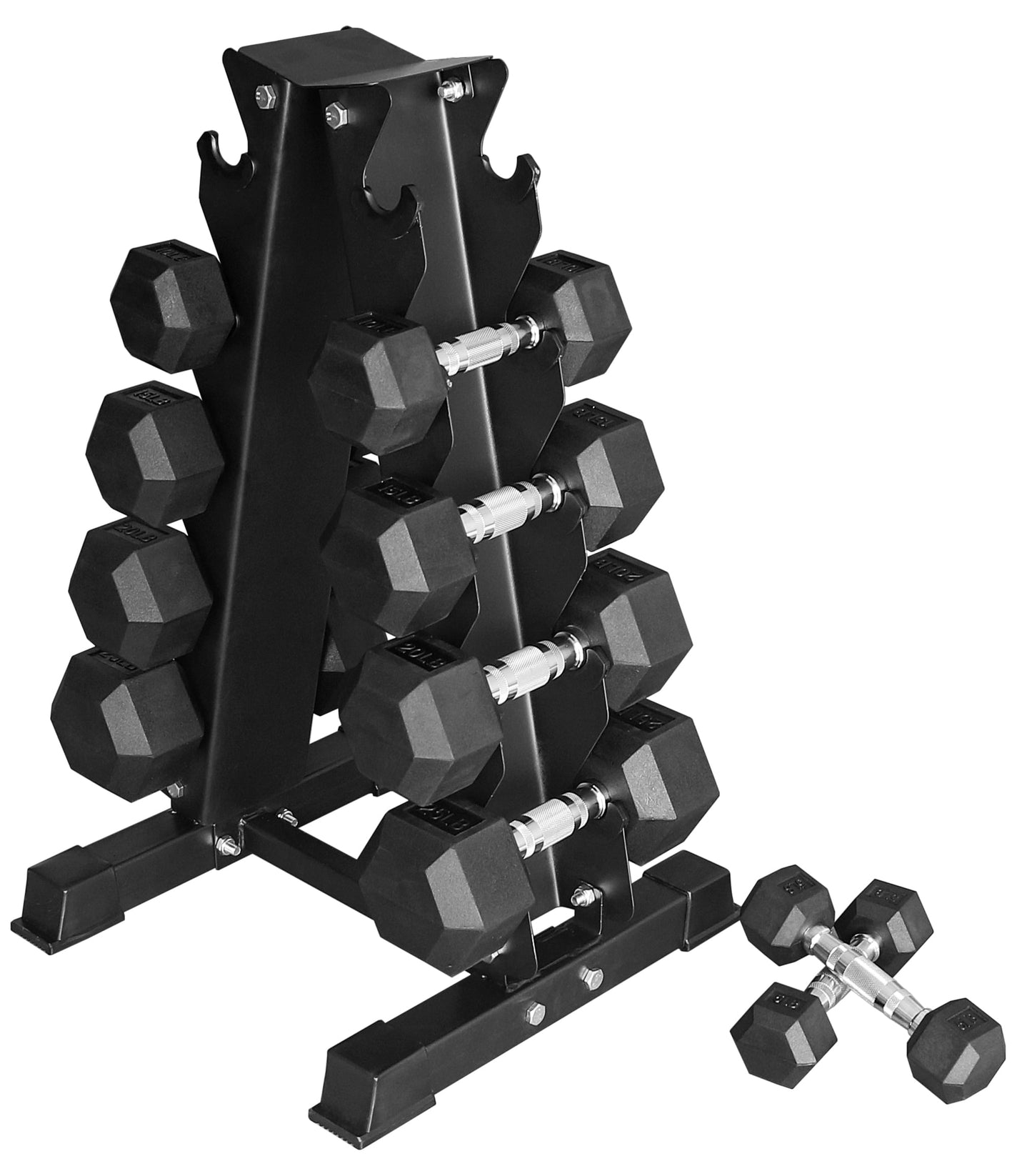 BalanceFrom 150LB Coated Hex Dumbbell Weight Set and A-Frame Storage Rack, 5-25 lbs Pairs