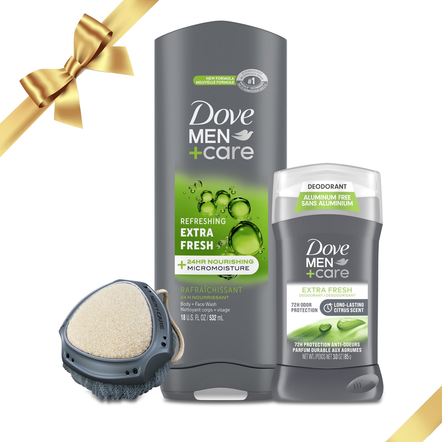 Dove Men+Care Festive Fresh Holiday Men's Gift Set Body + Fash Wash Deodorant Stick & Shower Tool, 3 Count