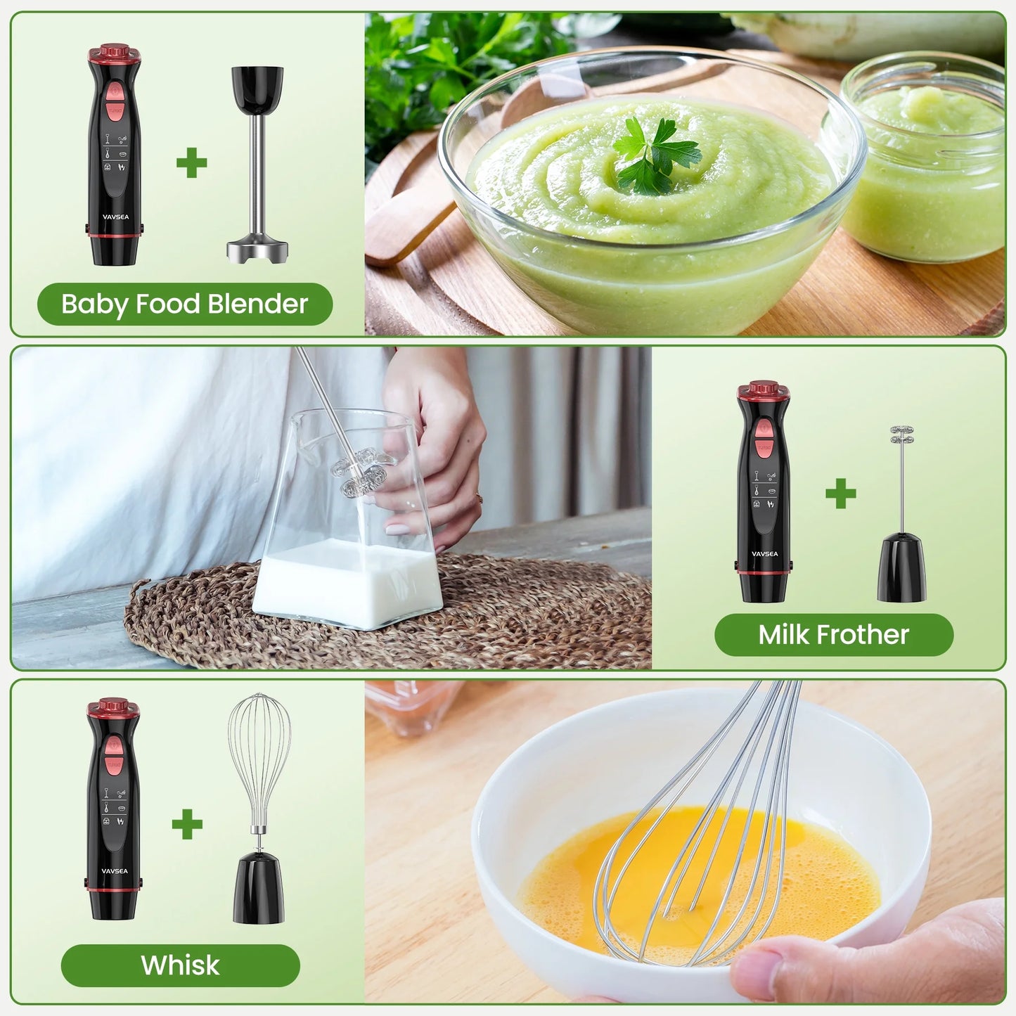 VAVSEA Immersion Hand Blender,5-in-1 1000W Multi-Function Handheld Stick Blender with Stainless Steel Blades, Chopper, 600ml Beaker, 12-Speed New Mixer Milk Frother for Baby Food/Smoothies