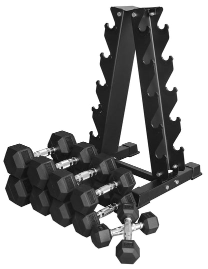 BalanceFrom 150LB Coated Hex Dumbbell Weight Set and A-Frame Storage Rack, 5-25 lbs Pairs