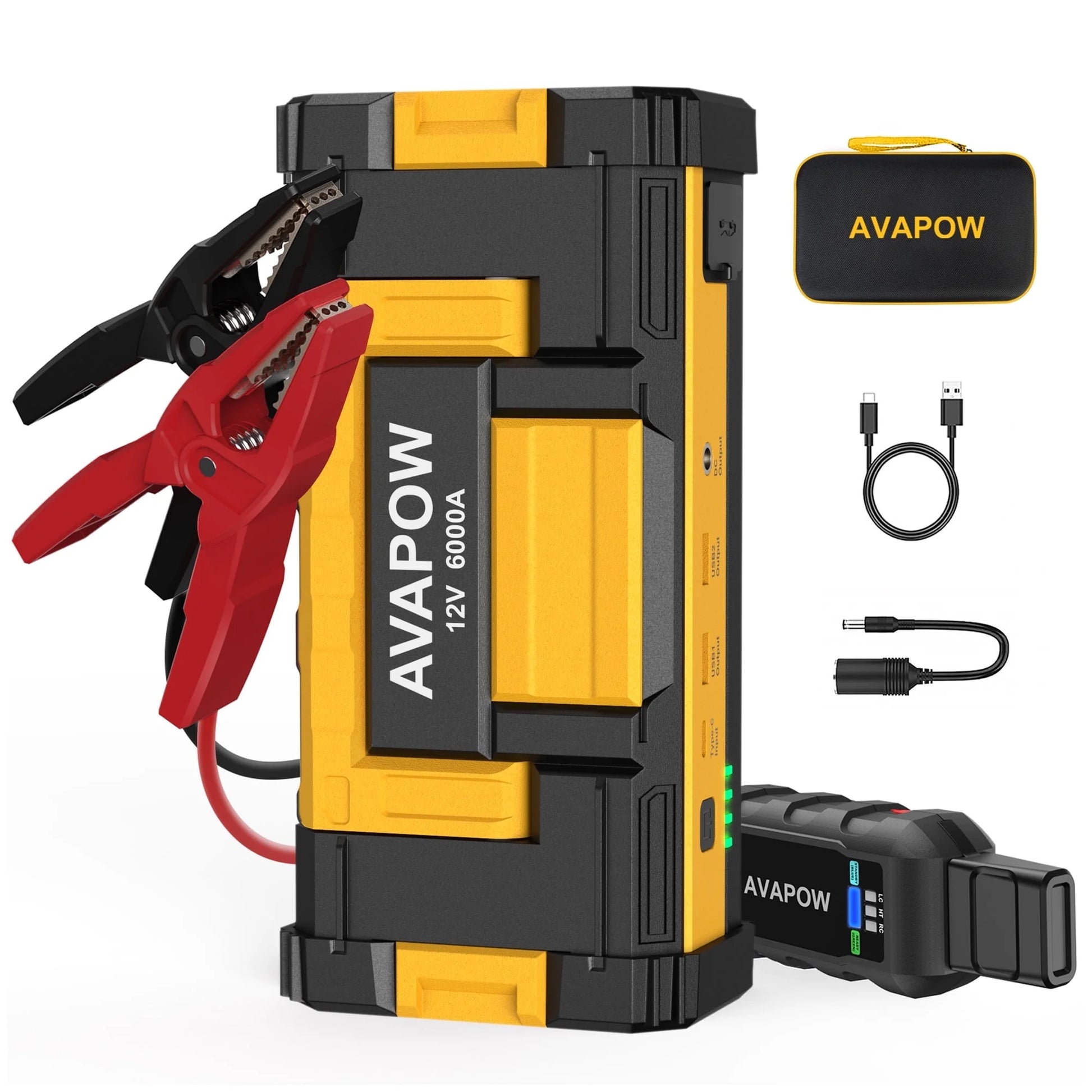 AVAPOW 6000A Car Battery Jump Starter, Portable Car Jump Starter with Dual USB Quick Charge and DC Output, 12V Jump Pack with Built-in LED Bright Light, Yellow