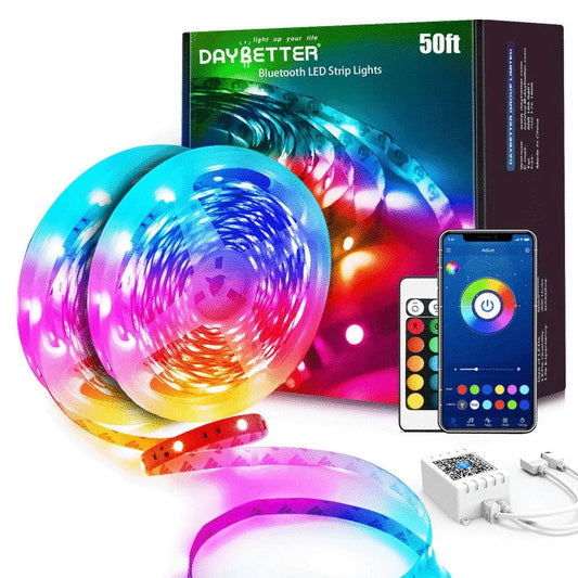 DAYBETTER 50ft Bluetooth LED Strip Lights,Color Changing Music Sync with Remote Control,Timer Schedule,Led Lights for Room,Bedroom(APP+Remote +Mic)