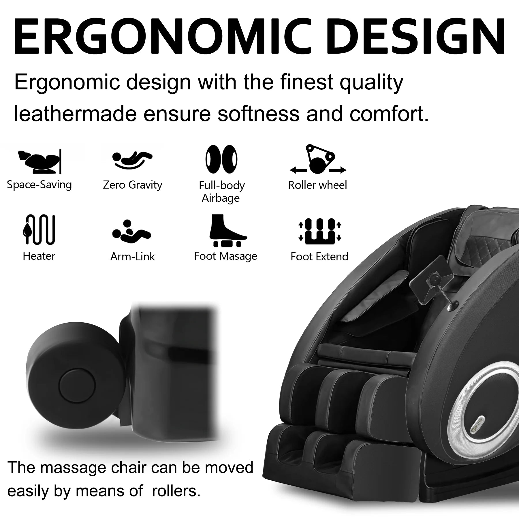 BILITOK Massage Chair Zero Gravity Full Body with Heating and Bluetooth Black