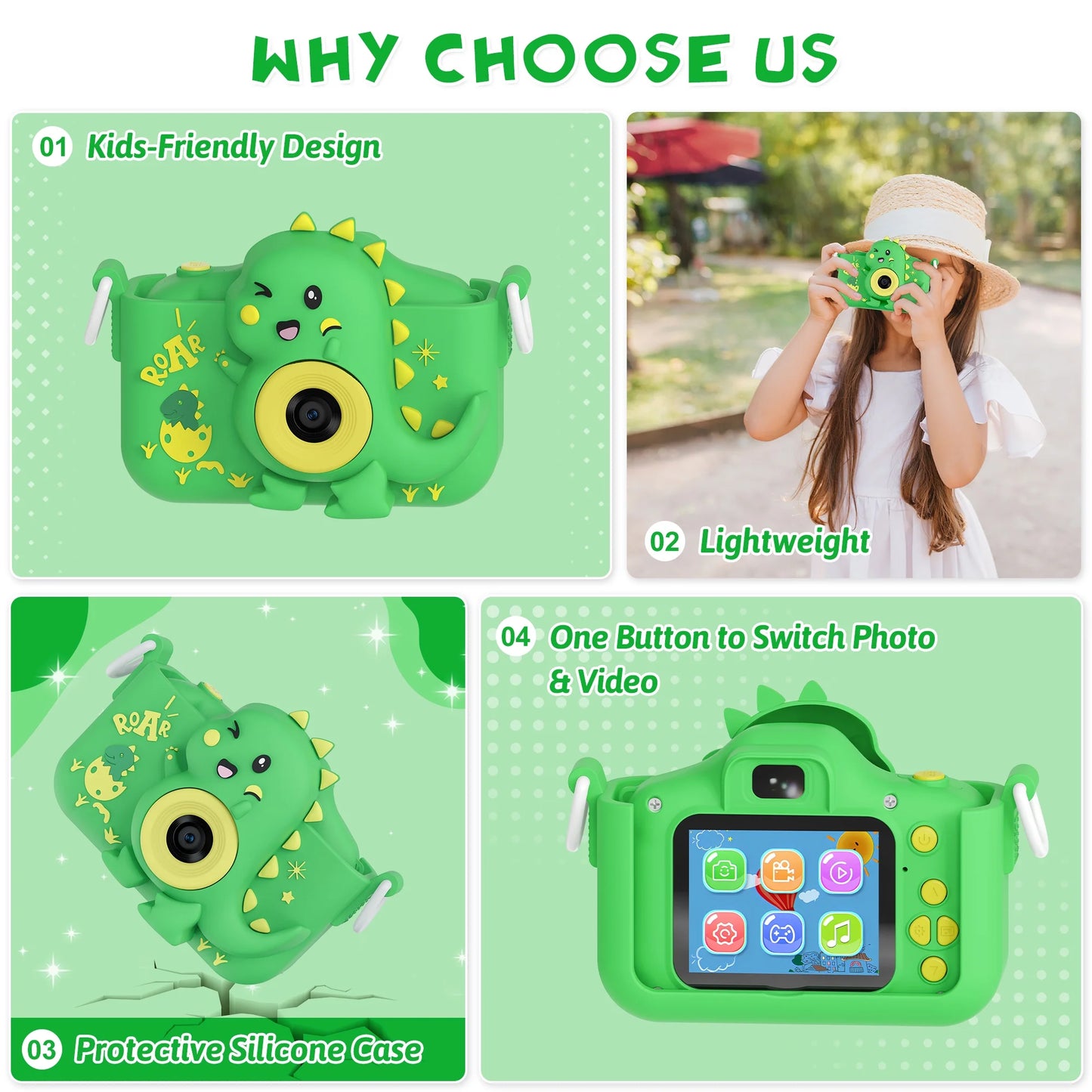 Contixo Kids Digital Camera - 1080p HD, Dual Lens Selfie, Games, Shockproof, 4x Zoom, Ages 3-8 - Green