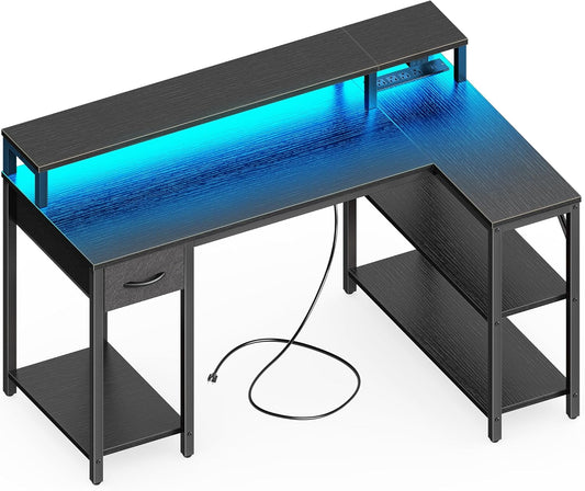 SUPERJARE 47 inch Reversible L Shaped Desk with LED Lights & Power Outlets, Computer Desk with Shelves & Monitor Stand, Gaming Desk with Drawer, Home Office Desk Corner Desk, Black