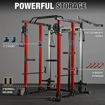 Mikolo Power Rack Cage PC07, 2200 lbs Weight Rack with Cable Crossover Machine,Multi-Function Squat Rack with J Hooks,Dip Bars and Landmine for Home Gym (Red), Plate Loaded