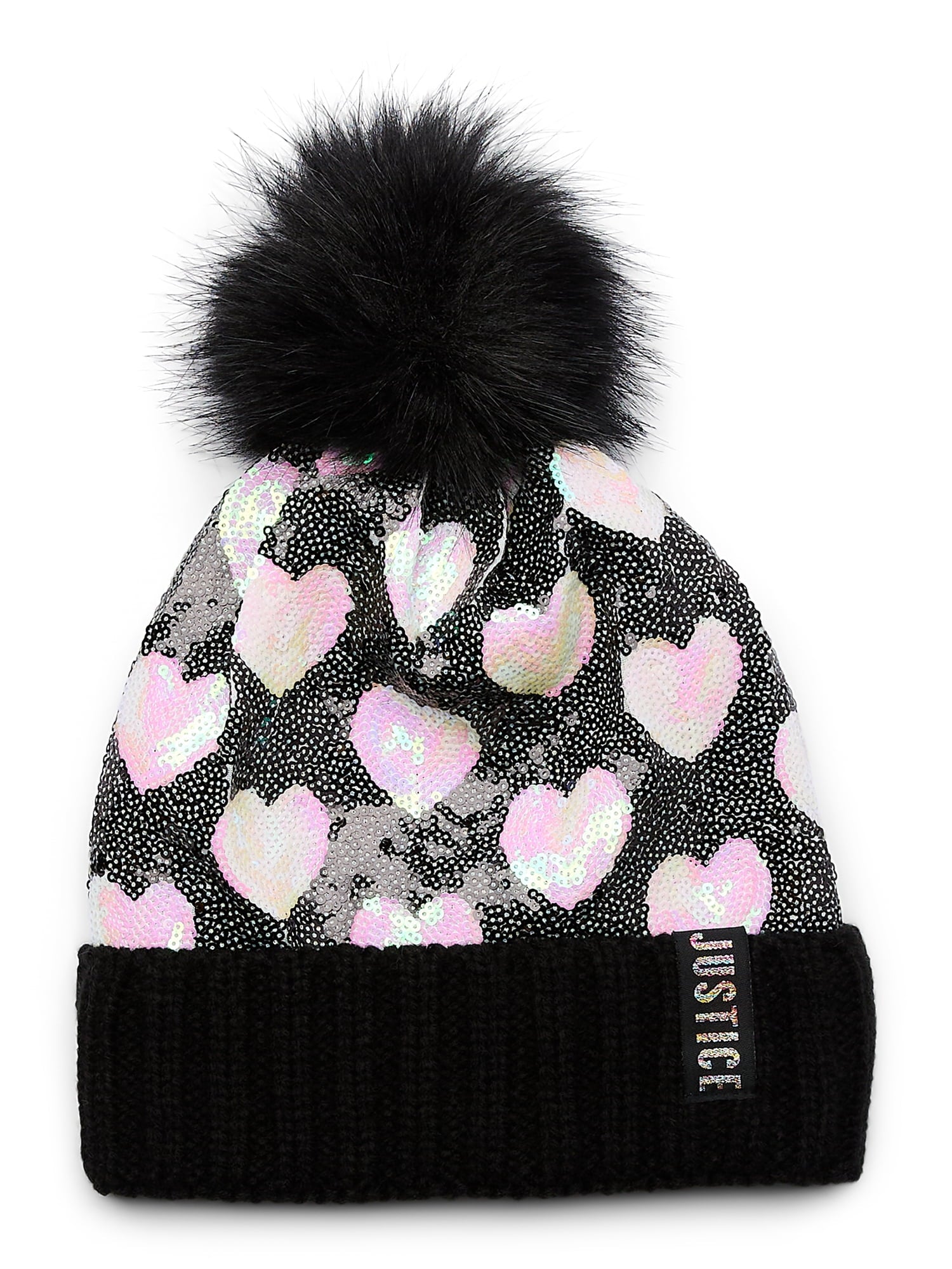 Justice Girls Heart Pattern Sequin Beanie Hat with Pom and Gloves, 2-Piece Set, Black/Iridescent