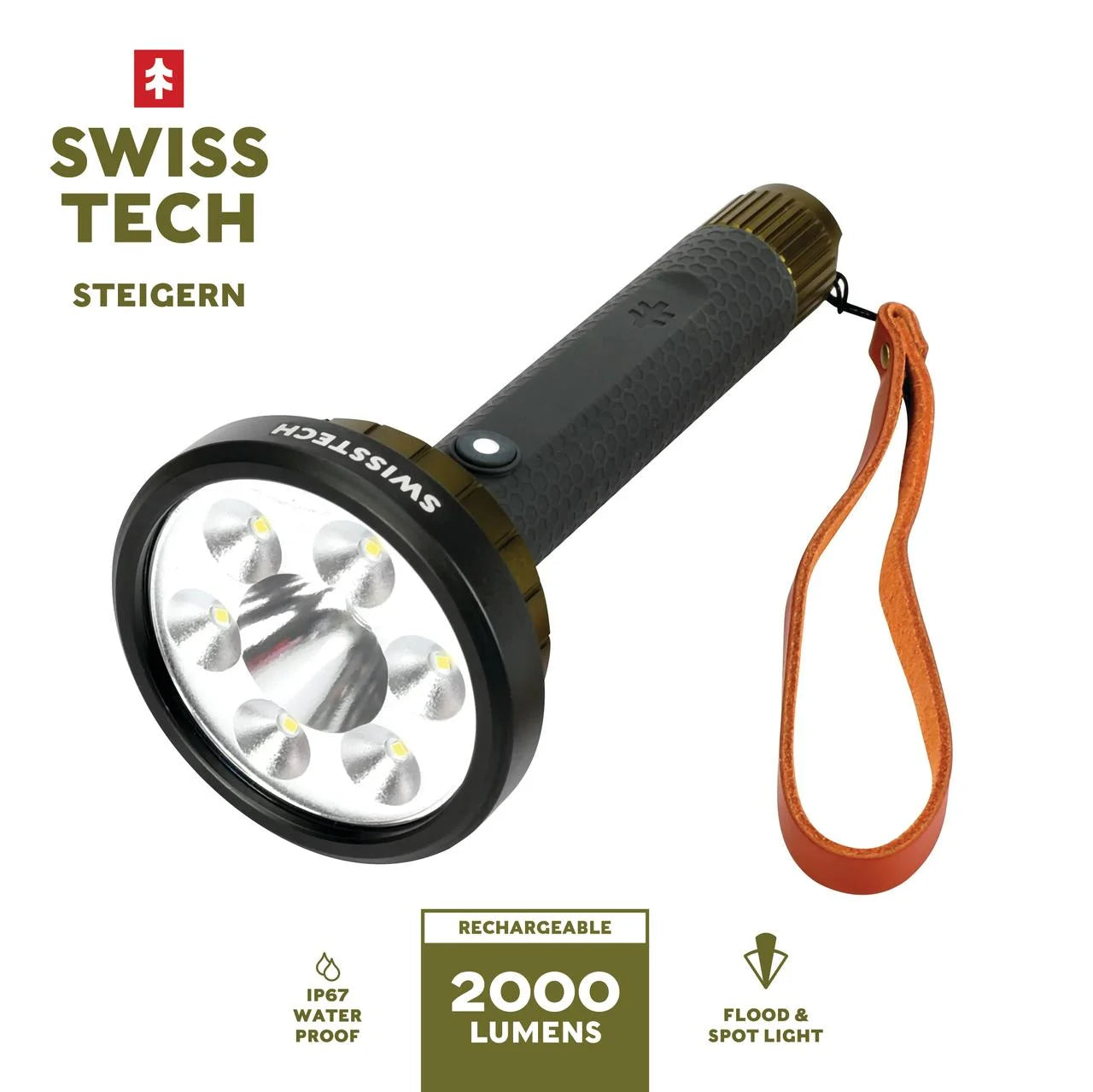 Swiss Tech Steigern 2000 Lumen LED Rechargeable Flashlight, IPX7 Waterproof, Digital Focusing