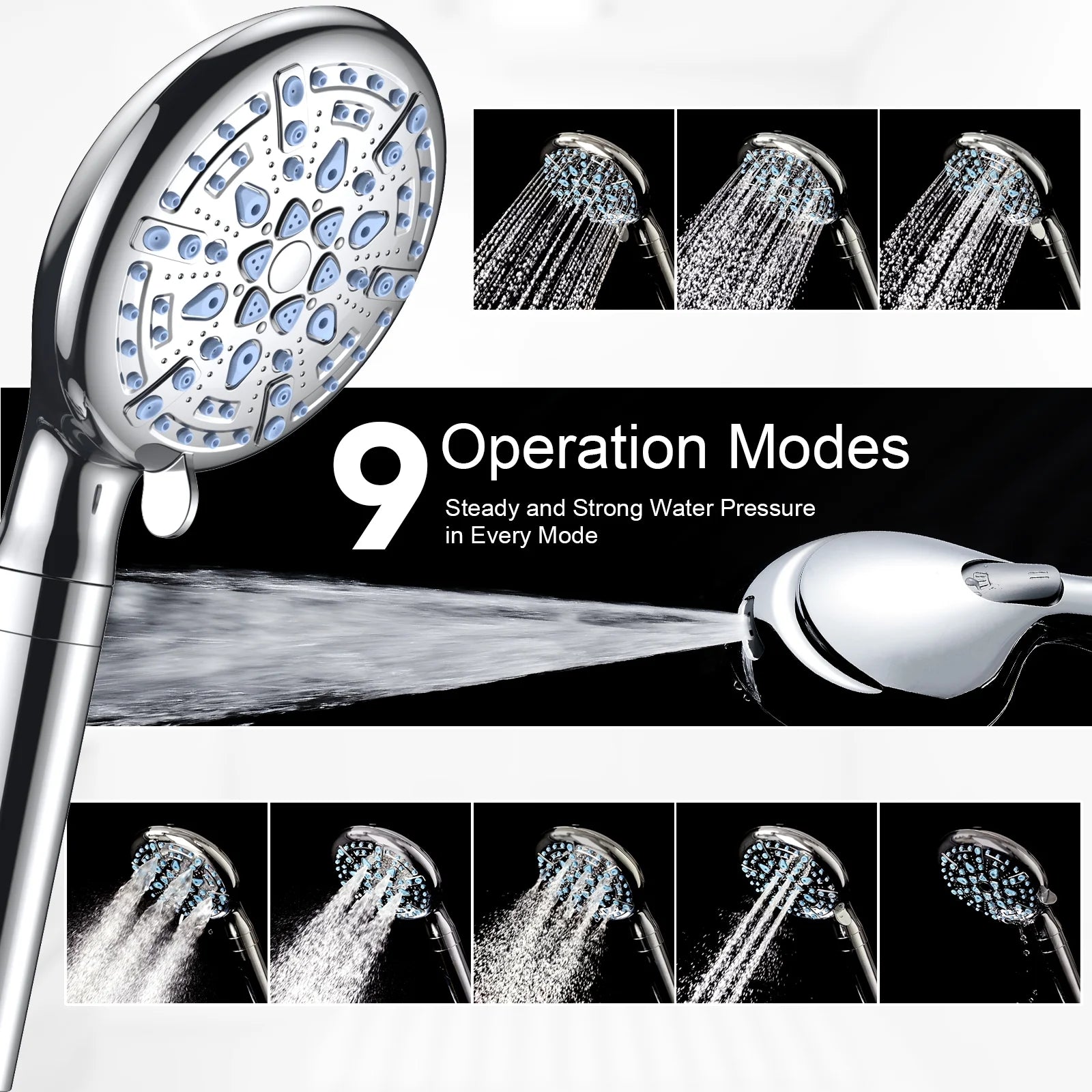 Ophanie 9-Setting Handheld Shower Head,High Pressure Shower Head with Filter,Silver