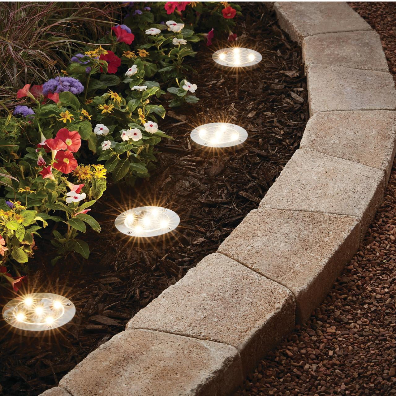 Mainstays Solar Powered Stainless Steel LED Landscape Disc Lights, 12 Lumens (4 Count)