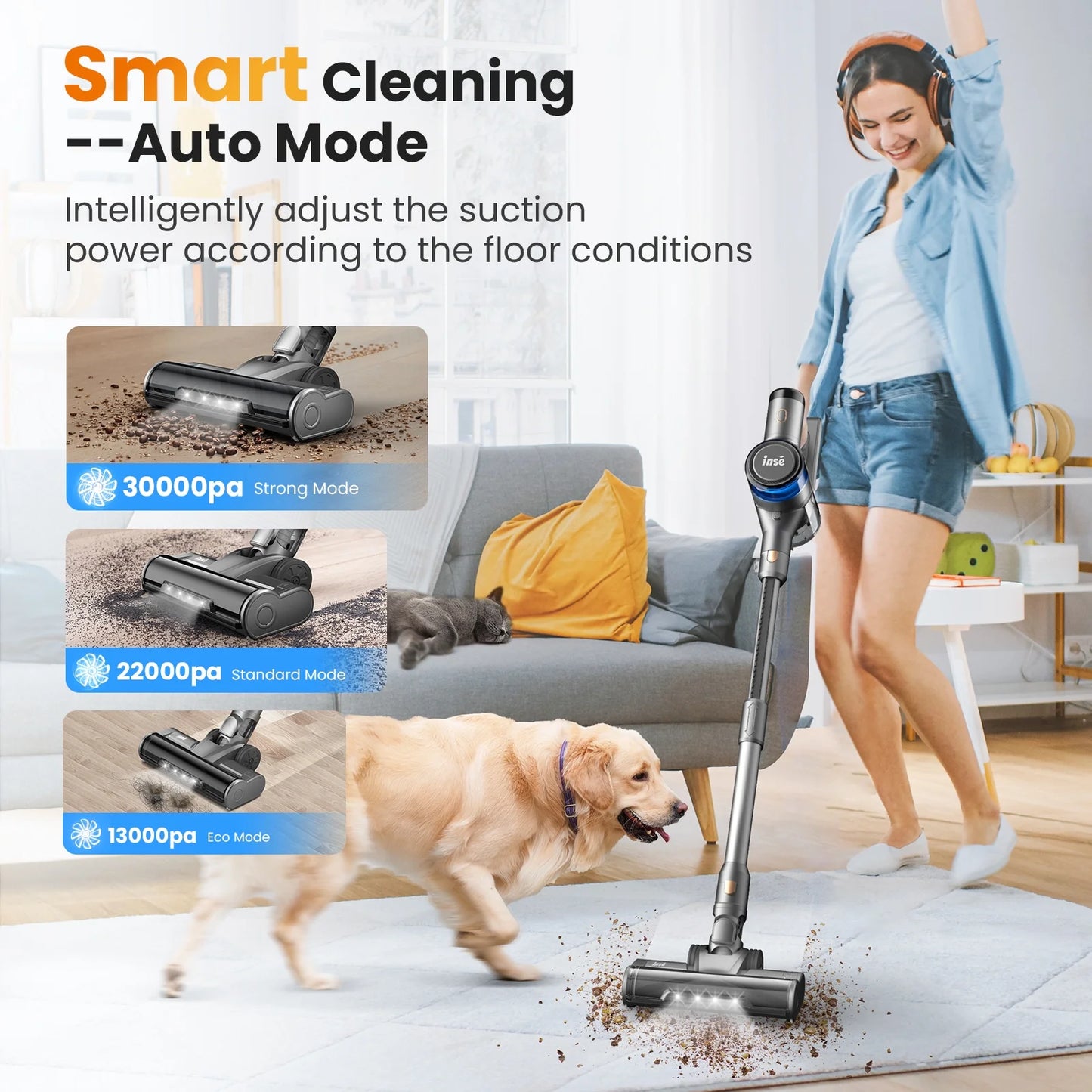 INSE Cordless Vacuum Cleaner, 55min Max Runtime, 400W/30Kpa Rechargeable Stick Vacuum with LED Display, 4 Suction Modes with Smart Adjustment Handheld Vacuum Cordless for Carpet Floor Pet Hair