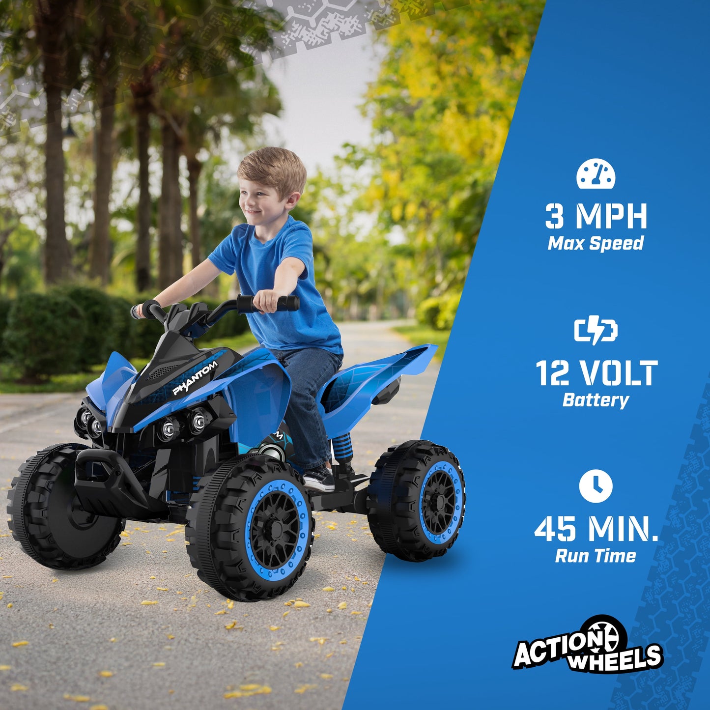 12 Volt Blue Phantom ATV Action Wheels Branded Battery Powered Rideon for Boys and Girls Ages 2 to 4 Years Old