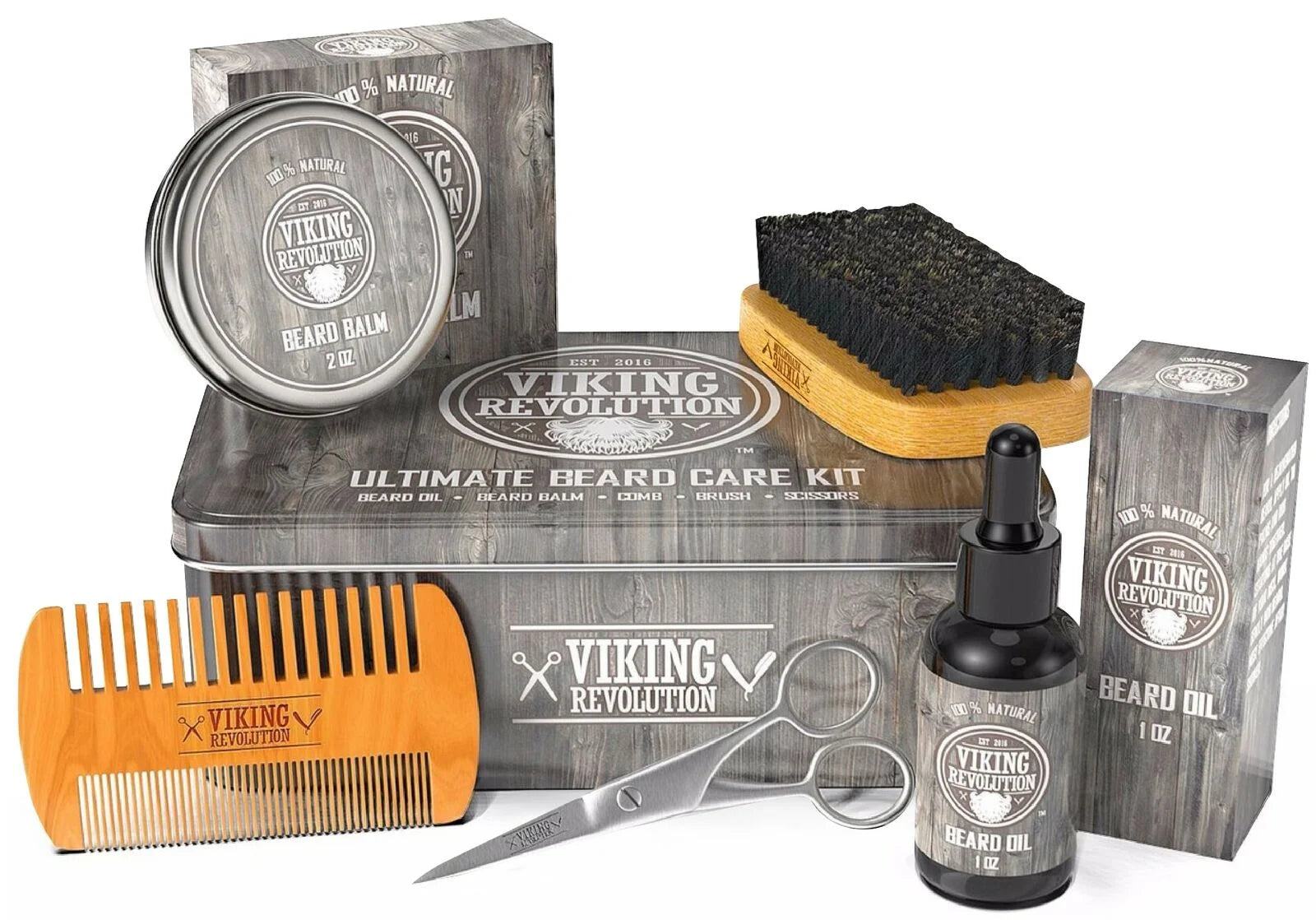 Viking Revolution Beard Care Kit for Men - Beard Brush, Wooden Comb, Beard Balm, Beard Oil, Beard & Mustache Scissors