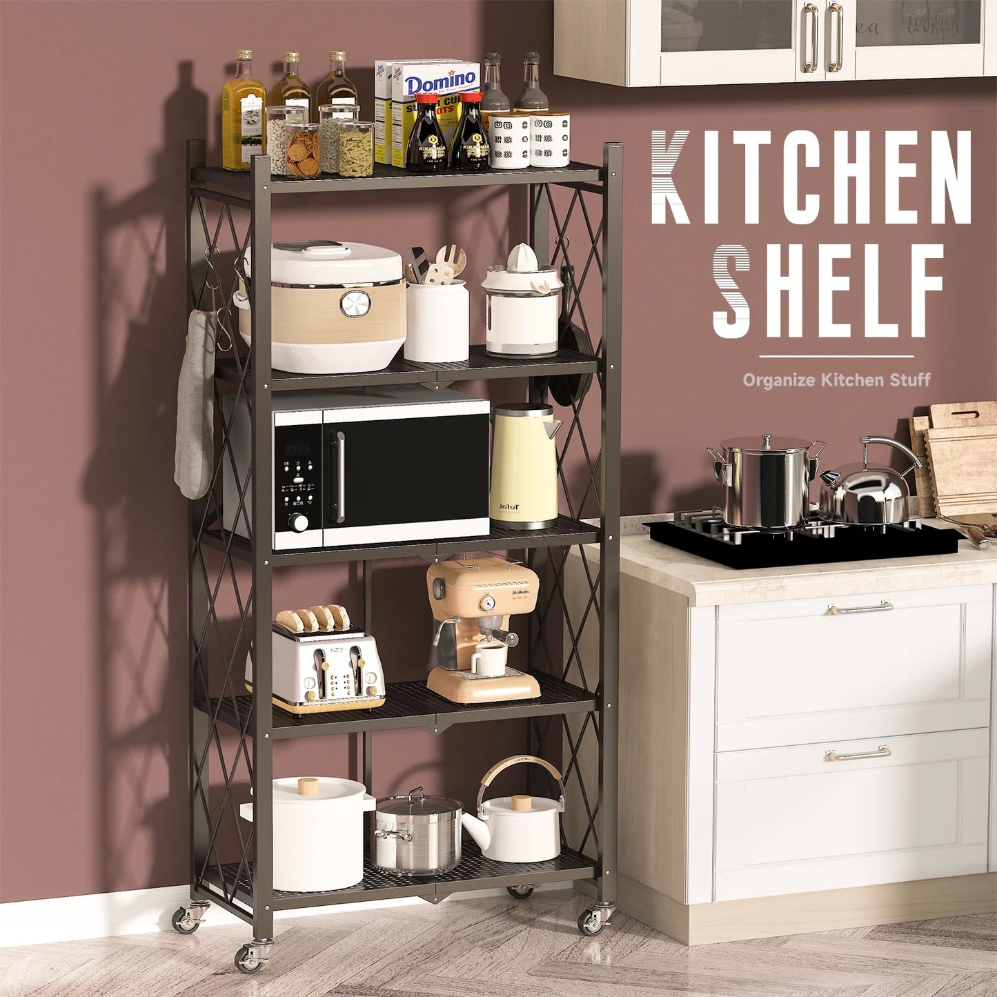 COOKCOK 5-Tier Storage Shelving Unit, Metal Shelf 27.9"x13.4"x62.5, Foldable Storage Shelf with Wheels, Garage Shelf, Metal Storage Rack, Kitchen Shelf with 4 Hooks, No Assemble Require