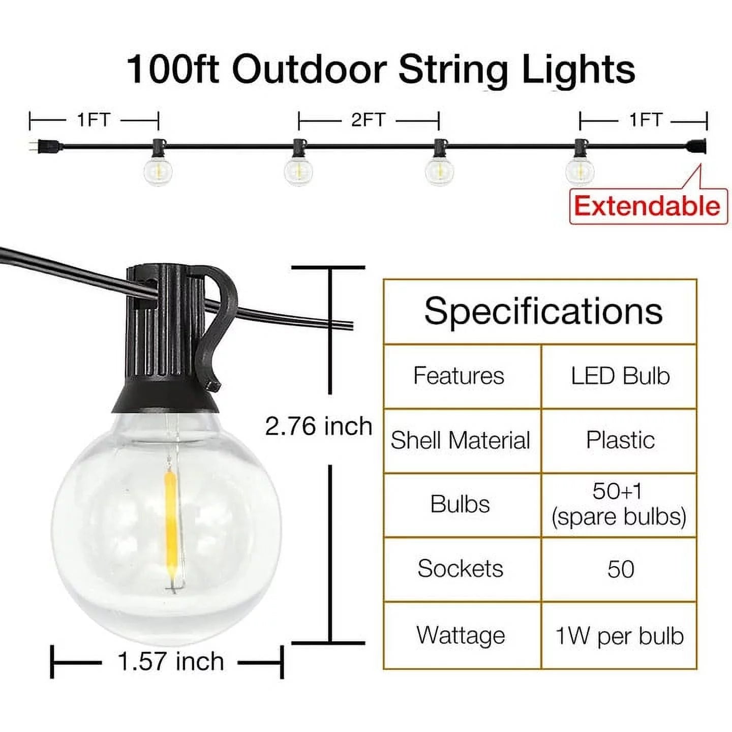 DAYBETTER Outdoor String Lights,100ft,with 50 G40 Edison Vintage Bulbs,Waterproof for Patio Garden Gazebo Bistro Cafe Backyard