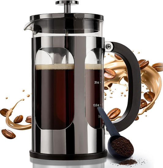 BAYKA 34 Ounce 1 Liter French Press Coffee Maker, Heat Resistant Thickened Borosilicate Glass Stainless Steel Coffee Press, Cold Brew Coffee Pot Tea Press for Kitchen Travel Camping, Dark Pewter