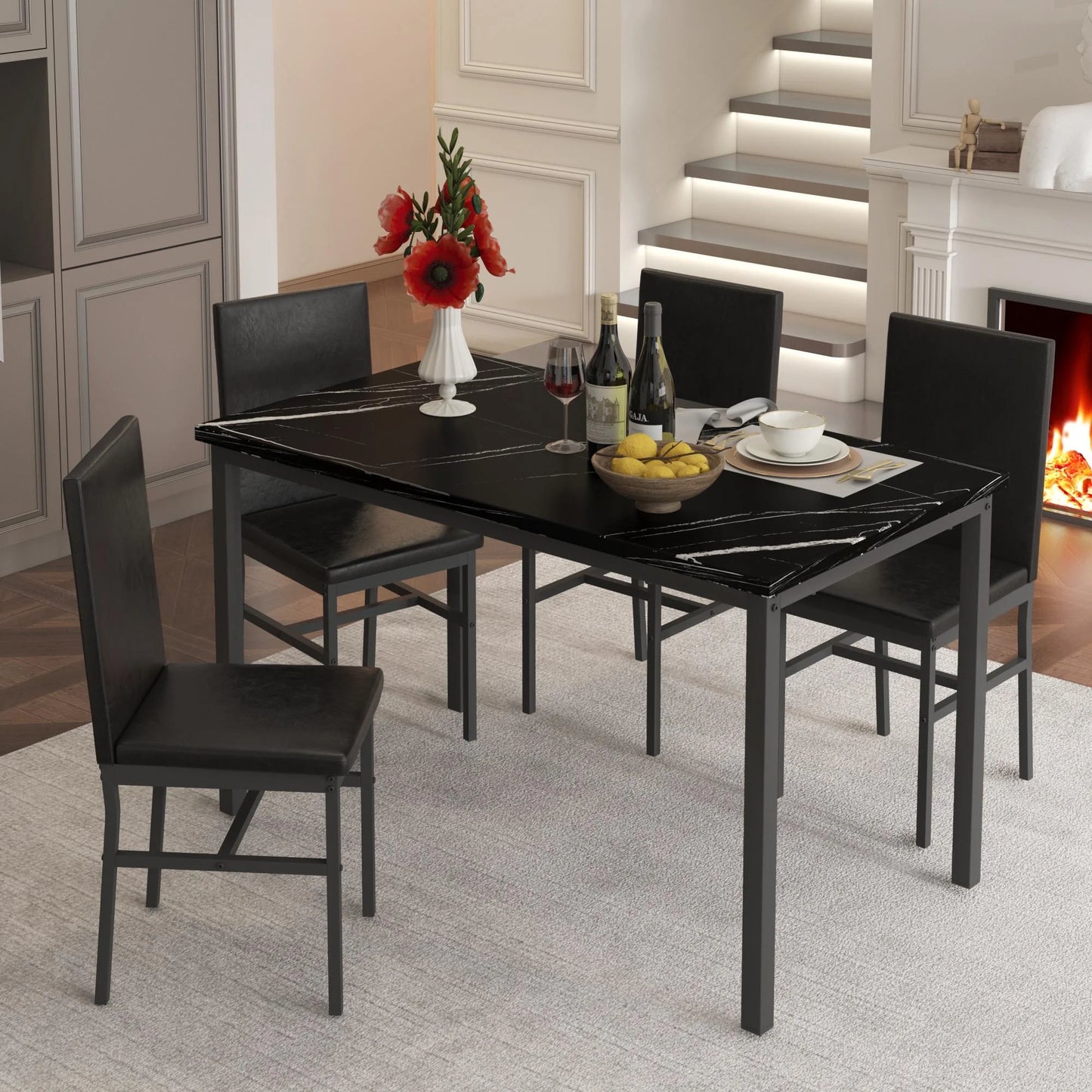 5 Piece Dining Table Set, Modern Faux Marble Tabletop and 4 PU Leather Upholstered Chairs, Rectangle Kitchen Table and Chairs for 4 Persons, Small Dining Set for Bar Dining Room Breakfast Nook