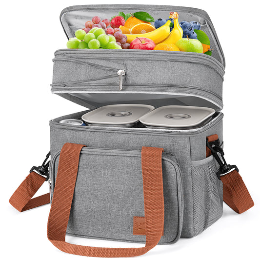 Insulated Lunch Bag, 17L Expandable Double Deck Lunch Tote Bag for Women/Men, Leakproof Freezable Cooler Box W/ Side Tissue Pocket&Adjustable Shoulder Strap, Suit for Work,School,Camping,Picnic(Gray)