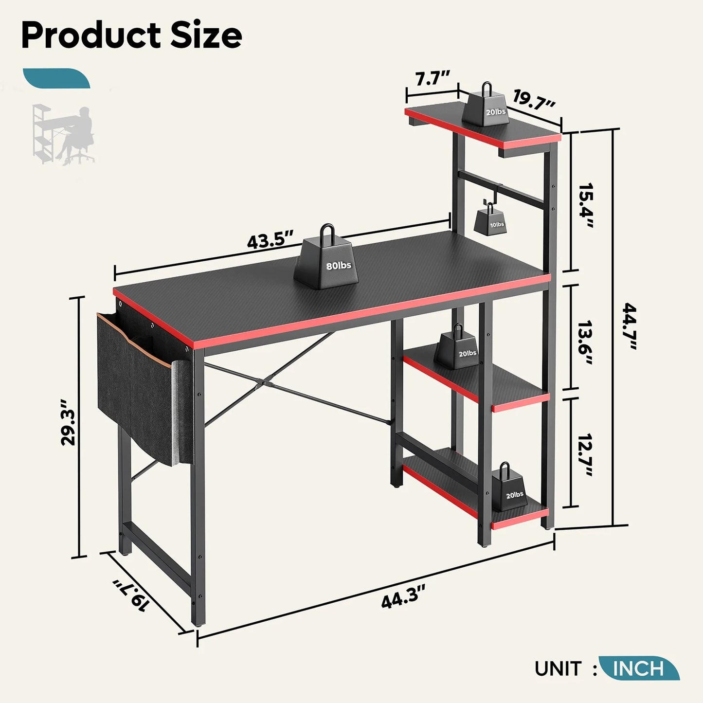 Bestier Computer Gaming PC Desk 44 inch Gamer Table with LED Lights, Reversible 4 Tier Storage Shelves Carbon Fiber