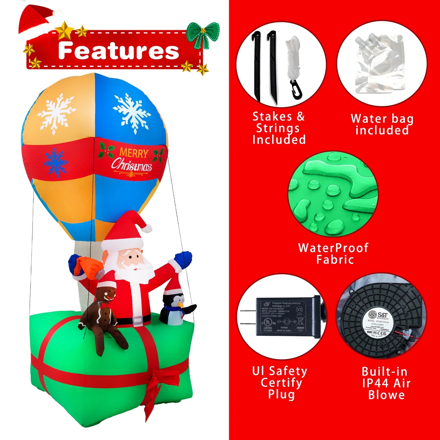 Yexmas 9FT Inflatable Christmas Santa Claus in Hot Air Balloon , Prelit Christmas Decoration with LED Lights for Holiday/Party/Xmas/Yard/Garden