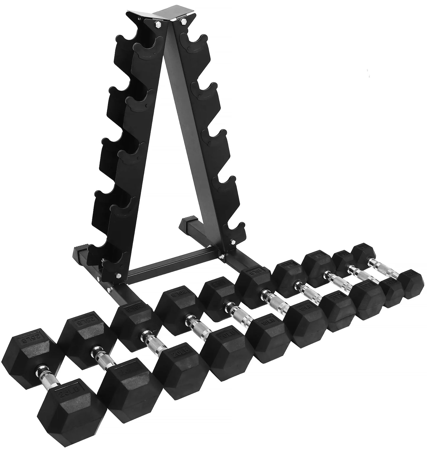 BalanceFrom 150LB Rubber Coated Hex Dumbbell Weight Set with A-Frame Rack, 5-25 lbs Pairs