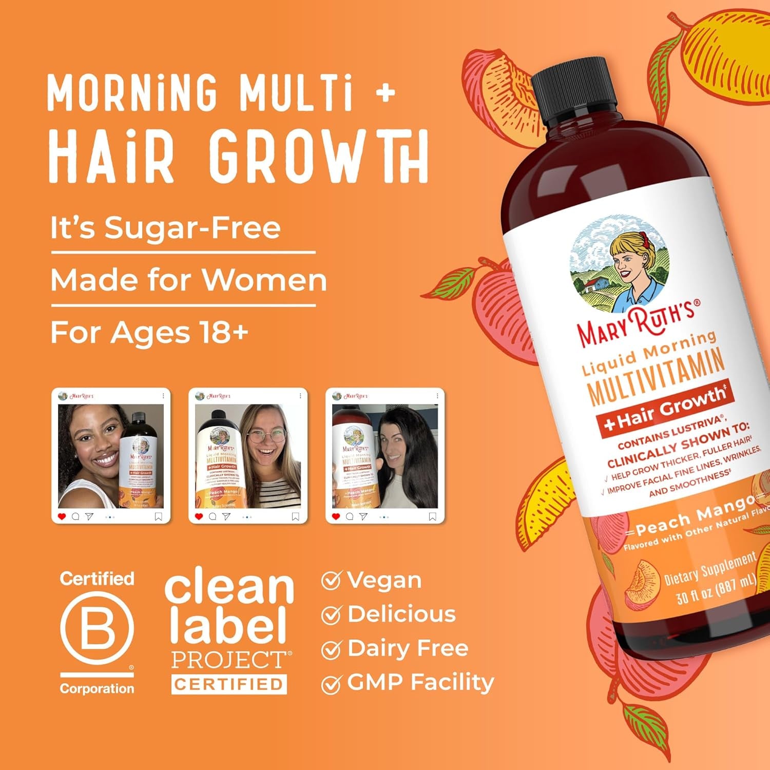 MaryRuth Organics Liquid Multivitamin Lustriva® Hair Growth | Biotin 10000mcg | Vitamin D | B Vitamins | Clinically Tested for Thicker Hair, Wrinkles, Fine Lines, Skin Care | Ages 18 | 30 Fl Oz